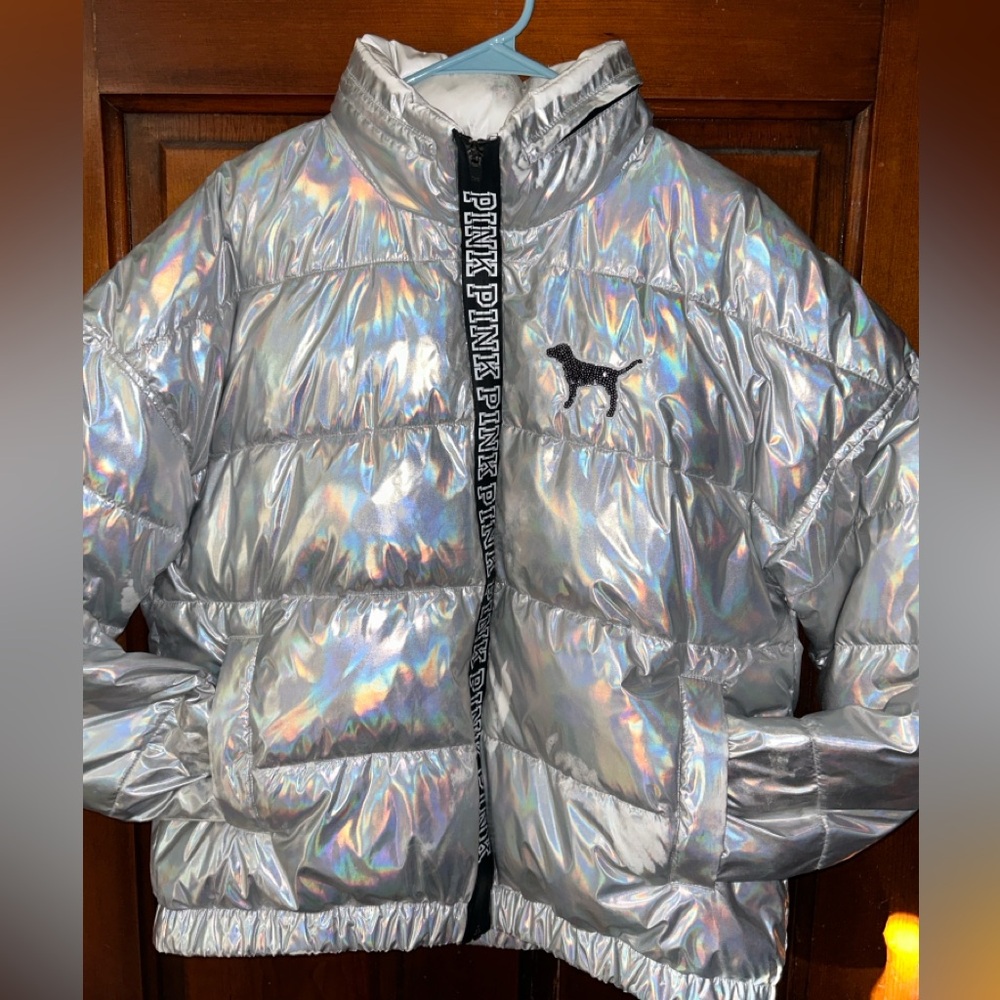 Rare Victoria’s Secret Pink Rainbow Iridescent Puffer Coat Size Large ON HOLD